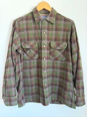 Vintage Pendleton Woolen Mills Broad Shirt 60s 70s Plaid Flannel Wool Size M